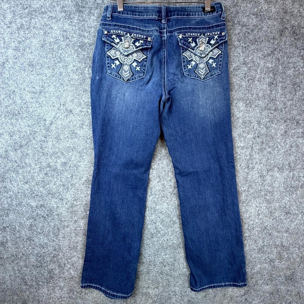 Earl Jeans Slim Bootcut Womens 10 Petite Y2K Cross Blue Denim Embellished Back‎